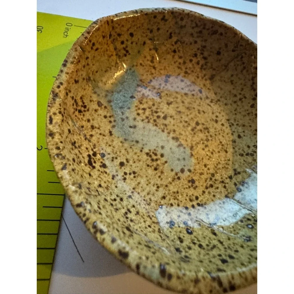 Handmade Studio Pottery Speckled Tan Small Bowl Artisan Ceramic Blue Drip 3